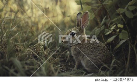 Cute Rabbit Sitting in Grass During Golden Hour in a Natural Habitat Setting 126874975