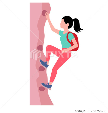 Women climber characters enjoying healthy physical activity climbing rock wall. Climbing Wall. Women climbing mountain wall sign. Extreme sport symbol.  126875322