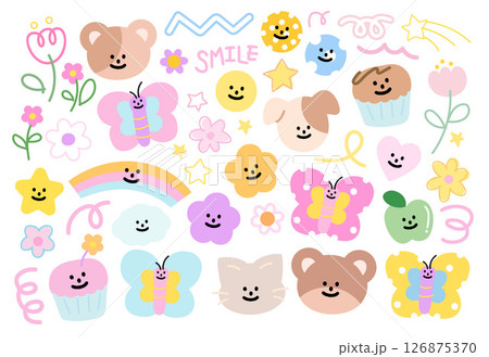 Pastel illustration of teddy bear, puppy, cat, rainbow, butterfly, flowers, cupcake, apple for cute animals, zoo, pet shop, vet, spring, summer, cartoon, character, kid, toddler, sticker, fruits	 126875370