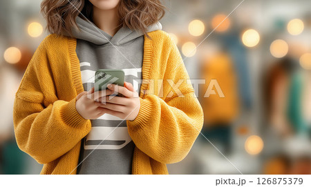 スマートフォンでネットショッピングを楽しむ女性と買い物袋のイラスト 126875379