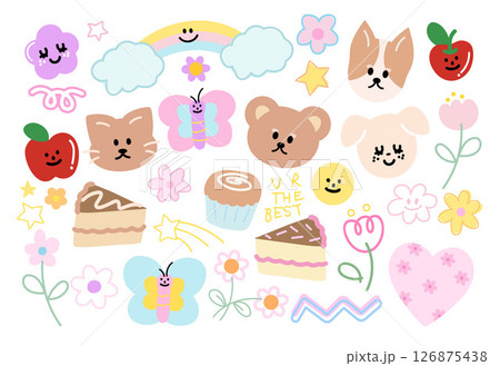 Cute vector illustration of teddy bear, cat, rainbow, puppy, cat, butterfly, flower, cupcake, cake for animals, cartoon character, cute patches, kid doll, plush toy, sweet dessert, comic, brooch, pet	 126875438