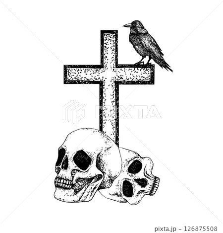 Skulls, cross, crow. Black white graphic illustration with raven, vector gothic composition for Halloween, Day of the Dead, esoteric concept. Line art for postcard, posters, logo, textile, stationery Skulls, cross, crow. Black white graphic illustration with raven, vector gothic composition for Halloween, Day of the Dead, esoteric concept. Line art for postcard, posters, logo, textile, stationery 126875508
