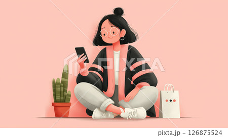 女性, スマートフォン, ネットショッピング, キャッシュレス, クレジットカード, 買い物袋, シ 126875524