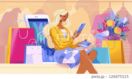 女性, スマートフォン, ネットショッピング, キャッシュレス, クレジットカード, 買い物袋, シ 126875525
