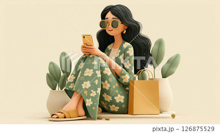 女性, スマートフォン, ネットショッピング, キャッシュレス, クレジットカード, 買い物袋, シ 126875529