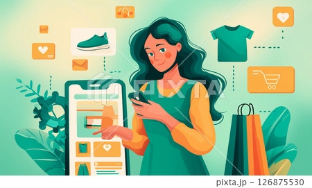 女性, スマートフォン, ネットショッピング, キャッシュレス, クレジットカード, 買い物袋, シ 126875530
