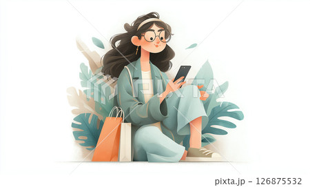 女性, スマートフォン, ネットショッピング, キャッシュレス, クレジットカード, 買い物袋, シ 126875532