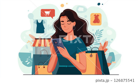 女性, スマートフォン, ネットショッピング, キャッシュレス, クレジットカード, 買い物袋, シ 女性, スマートフォン, ネットショッピング, キャッシュレス, クレジットカード, 買い物袋, シ 126875541