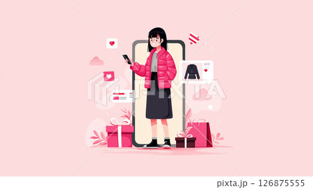 女性, スマートフォン, ネットショッピング, キャッシュレス, クレジットカード, 買い物袋, シ 126875555