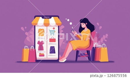 女性, スマートフォン, ネットショッピング, キャッシュレス, クレジットカード, 買い物袋, シ 126875556