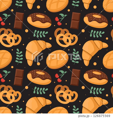 Seamless Pattern of Chocolate Desserts with Cakes and Melted Sweets in Flat Cartoon Style Illustration 126875569