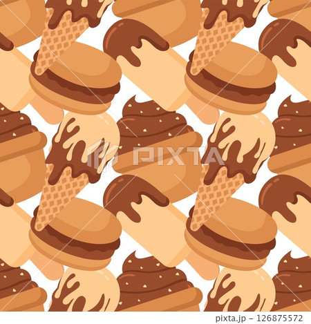 Seamless Pattern of Chocolate Desserts with Cakes and Melted Sweets in Flat Cartoon Style Illustration Seamless Pattern of Chocolate Desserts with Cakes and Melted Sweets in Flat Cartoon Style Illustration 126875572