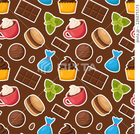 Seamless Pattern of Chocolate Desserts with Cakes and Melted Sweets in Flat Cartoon Style Illustration Seamless Pattern of Chocolate Desserts with Cakes and Melted Sweets in Flat Cartoon Style Illustration 126875573