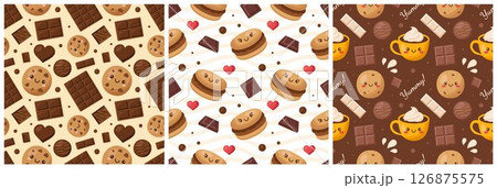 Seamless Pattern of Chocolate Desserts with Cakes and Melted Sweets in Flat Cartoon Style Illustration Seamless Pattern of Chocolate Desserts with Cakes and Melted Sweets in Flat Cartoon Style Illustration 126875575