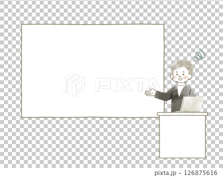 一位表情困惑的男士正在用螢幕或白板解釋某事物——水彩畫 126875616