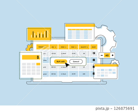 Multi-channel inventory management software - bulk edits across various online marketplaces. Inventory management tools optimizing stock levels and pricing strategies. Flat vector illustration 126875691