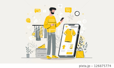 スマートフォンを操作する男性と観葉植物や買い物袋に囲まれたおしゃれなマーケット風イラスト 126875774