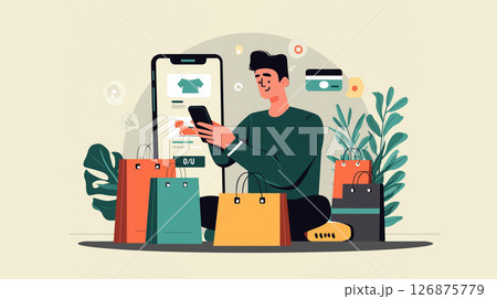 スマートフォンを操作する男性と観葉植物や買い物袋に囲まれたおしゃれなマーケット風イラスト 126875779