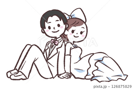 座っているウェディング姿の男女のイラスト 座っているウェディング姿の男女のイラスト 126875829