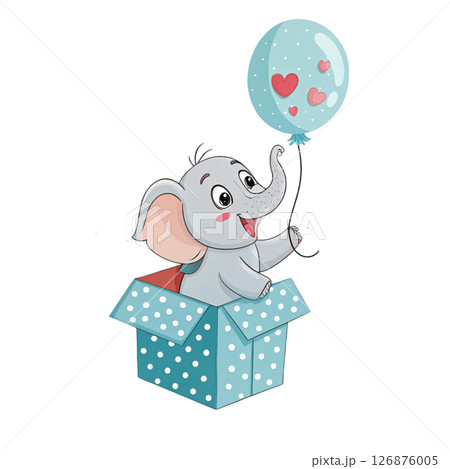 A cute little elephant sits on a gift box and holds a heart balloon. Valentine Clipart White Background 126876005