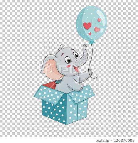 A cute little elephant sits on a gift box and holds a heart balloon. Valentine Clipart White Background 126876005