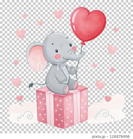 A cute little elephant sits on a gift box and holds a heart balloon. Valentine Clipart White Background 126876006