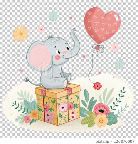 A cute little elephant sits on a gift box and holds a heart balloon. Valentine Clipart White Background 126876007