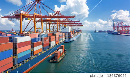 Logistics, container Cargo ship transportation with crane bridge in deep sea port for import export. Logistics, container Cargo ship transportation with crane bridge in deep sea port for import export. 126876023