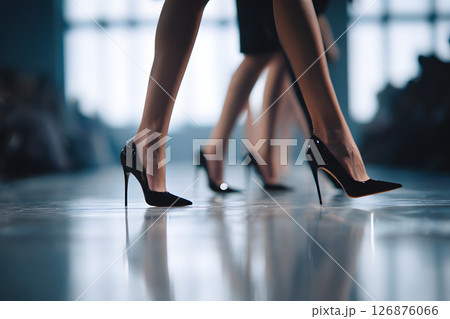 ランウェイを歩く女性たちの足元。高級感あふれるヒールの演出 ランウェイを歩く女性たちの足元。高級感あふれるヒールの演出 126876066