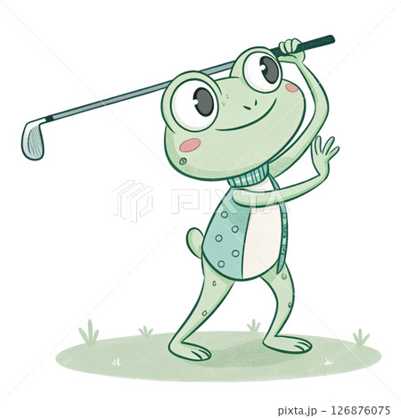 Cute frog  holding a golf club Minimal Clipart White Background 126876075