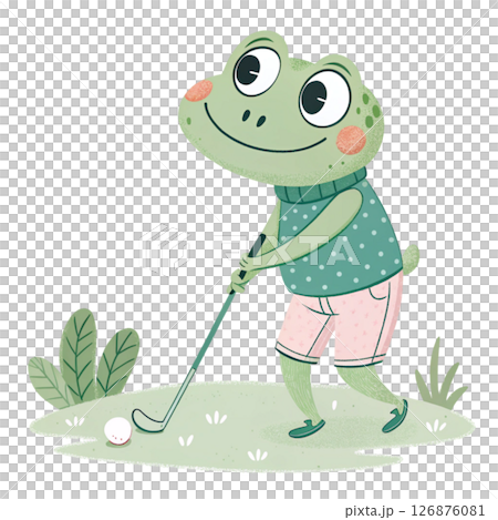 Cute frog  holding a golf club Minimal Clipart White Background 126876081