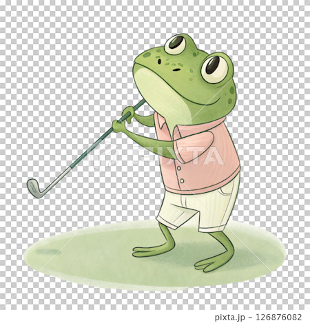 Cute frog  holding a golf club Minimal Clipart White Background 126876082