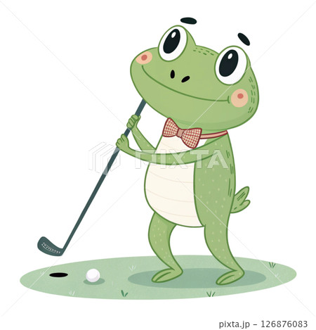 Cute frog  holding a golf club Minimal Clipart White Background 126876083