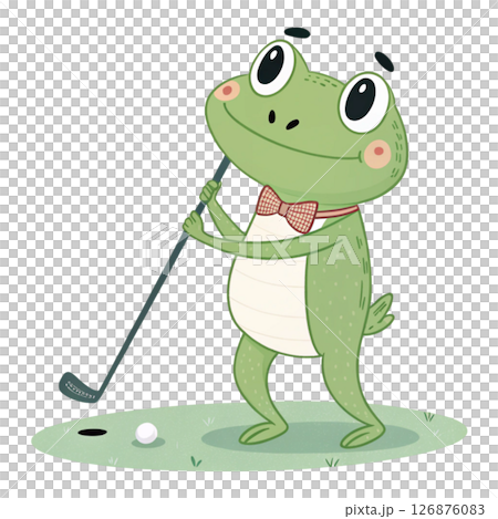 Cute frog  holding a golf club Minimal Clipart White Background 126876083