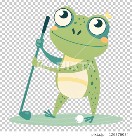 Cute frog  holding a golf club Minimal Clipart White Background 126876084