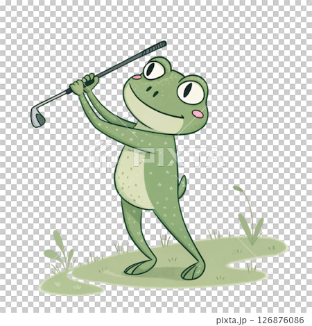 Cute frog  holding a golf club Minimal Clipart White Background 126876086