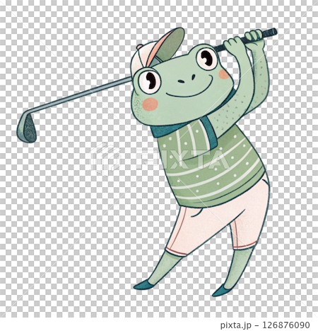 Cute frog  holding a golf club Minimal Clipart White Background 126876090