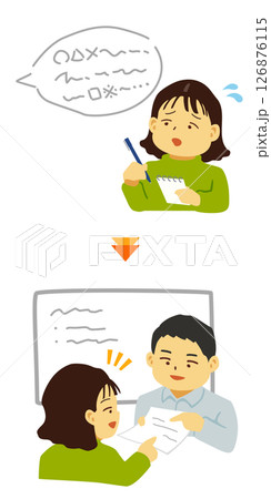 口頭での指示が聞き取れないため書面で確認を行う女性と男性 126876115