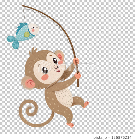 monkey Fishing with fish on the hook Minimal Clipart  White Background 126876234