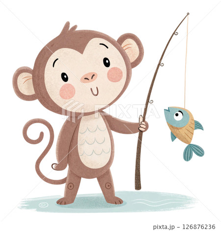 monkey Fishing with fish on the hook Minimal Clipart  White Background 126876236