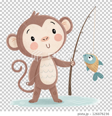 monkey Fishing with fish on the hook Minimal Clipart  White Background 126876236