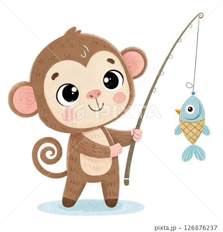 monkey Fishing with fish on the hook Minimal Clipart  White Background 126876237