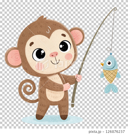 monkey Fishing with fish on the hook Minimal Clipart  White Background 126876237