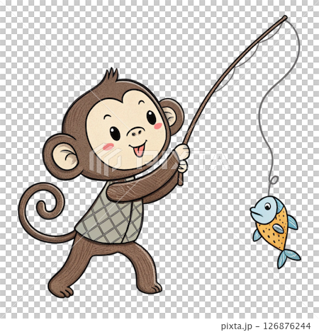 monkey Fishing with fish on the hook Minimal Clipart White Background monkey Fishing with fish on the hook Minimal Clipart White Background 126876244