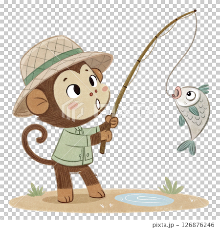 monkey Fishing with fish on the hook Minimal Clipart  White Background 126876246