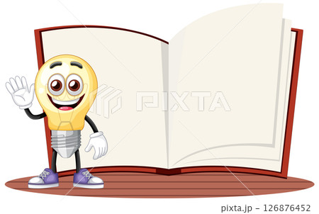 Cheerful Lightbulb Character with Open Book 126876452