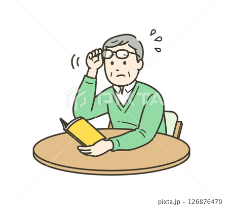 老眼鏡の度が合わず本が見づらく困っている高齢男性イラスト 126876470