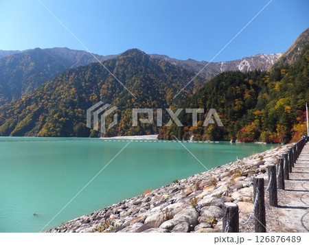秋の紅葉とエメラルド色に輝く高瀬ダム湖 秋の紅葉とエメラルド色に輝く高瀬ダム湖 126876489