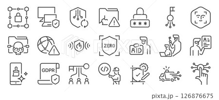 Cybersecurity trend icon set. It included hack, ID, data breach, biometric scan, and more icons. 126876675