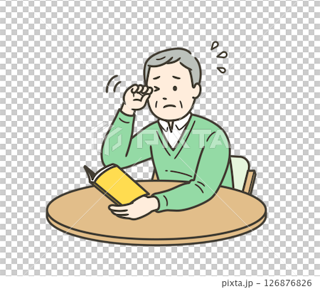 かすみ目で目をこすっている高齢男性の上半身イラスト 126876826